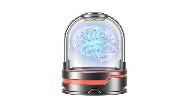 Innovative technology displaying a holographic brain inside a futuristic capsule with glowing blue light, symbolizing artificial intelligence and advanced science