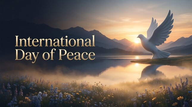 International Day of Peace Banner with White Dove Symbol Flying over Serene Lake and Mountains at Sunrise, Beautiful Nature Landscape for Harmony
