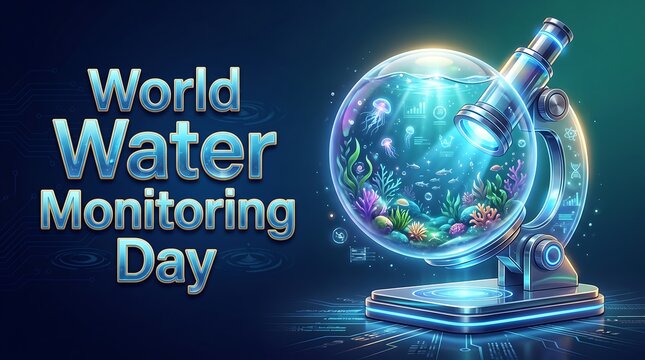 World Water Monitoring Day concept illustration with futuristic microscope exploring vibrant marine underwater ecosystem for global water conservation.