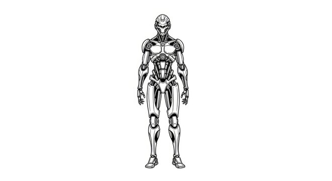 A robotic figure stands in a full-body pose against a white background. The robot has a sleek, metallic design with visible joints and intricate detailing.