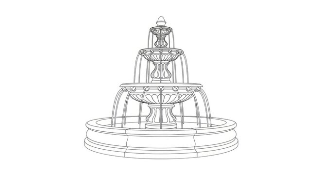 A detailed black and white line drawing depicts a tiered fountain. The fountain features a central column topped with a decorative urn, surrounded by multiple smaller bowls cascading downwards.