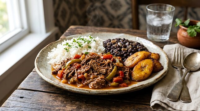 Traditional pabellon criollo plate with shredded beef rice black beans and fried plantains on table. Cuban Cuisine