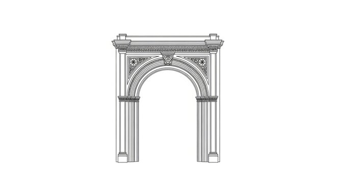 A detailed architectural drawing depicts a classical Roman triumphal arch. The arch is constructed with ornate columns, decorative moldings, and a central keystone.