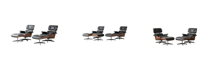 Obraz premium Set of Mid-Century Modern Leather Lounge Chairs and Ottomans Graphic Elements Transparent Background PNG Clipart Pack for Interior Architecture Designs