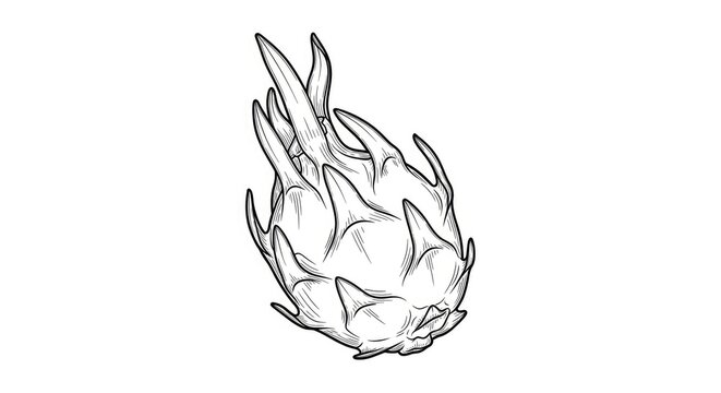 A detailed black and white line drawing depicts a dragon fruit. The prickly exterior of the fruit is meticulously rendered with sharp, pointed scales.