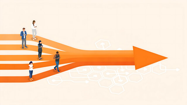 Business people figures walking on converging lines leading to a single large forward pointing arrow with business strategy direction leadership collaboration development alignment corporate