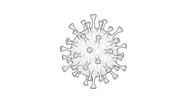 A detailed, black and white line drawing depicts a coronavirus particle. The intricate illustration showcases the spike proteins extending from the central spherical structure.