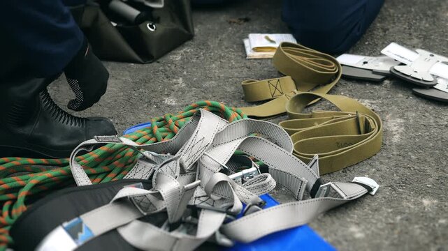 Firefighter prepares a safety harness, straps and rescue rope on the ground before emergency response or rescue operations.