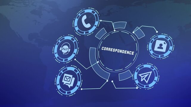 Digital business correspondence background depicting interconnected message mail and phone communication icons on high tech UI.