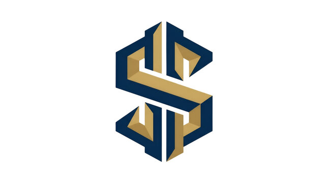 3D geometric letter S monogram logo with gold and blue elements on white background
