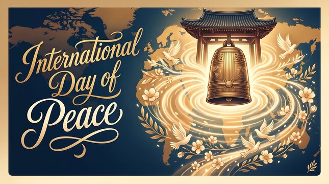 International Day of Peace Banner with Golden Peace Bell, Flying White Doves, World Map and Elegant Calligraphy for Global Harmony Celebration