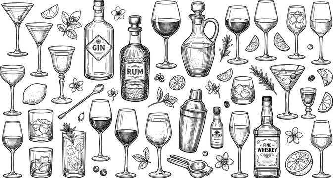 Alcoholic beverages and bar equipment hand drawn engraving sketch set featuring gin rum whiskey bottles cocktail shaker wine glasses and citrus garnishes