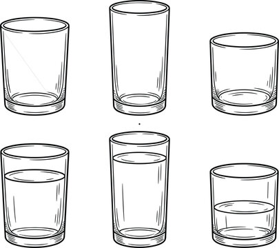 Drinking glass glassware sketch icons set featuring empty and half filled beverage water tumblers highball and rocks glasses