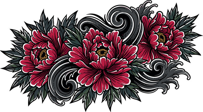 Japanese traditional tattoo style red peony flower vector illustration with black oriental waves and leaves