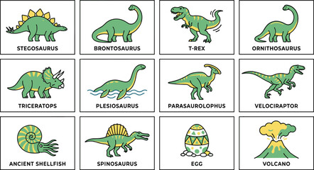 Prehistoric dinosaur educational flashcard set featuring cute cartoon theropods sauropods ancient marine life and volcano icons © Bappi