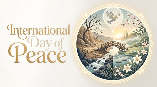 International Day of Peace Banner with Dove and Landscape Illustration Showing Transition from Conflict to Harmony and Global Hope