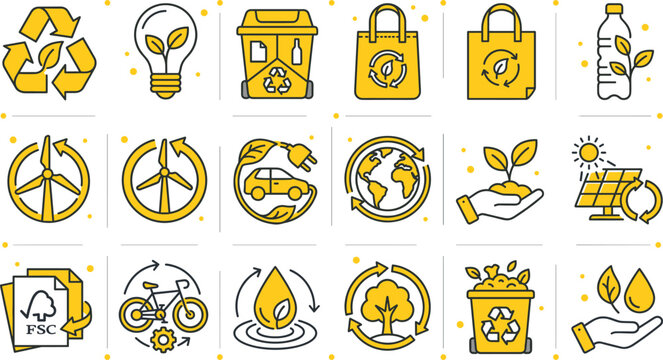 Ecology and Green Energy Yellow Line Icon Set with Solar Panel, Windmill, Recycle Bin, Electric Car, and Sustainable Environment Symbols for Corporate Social Responsibility
