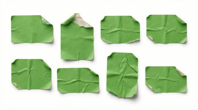 Green paper stickers featuring worn edges and wrinkled textures arranged in a scattered collection isolated on a plain white background for professional creative graphic design projects.