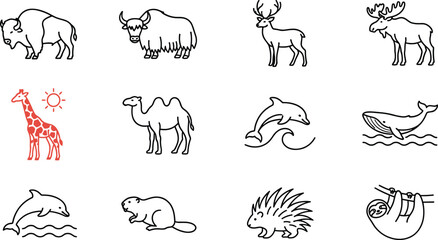 Naklejka premium Wild mammals and marine wildlife thin line icon set featuring bison deer camel dolphin whale and sloth vectors