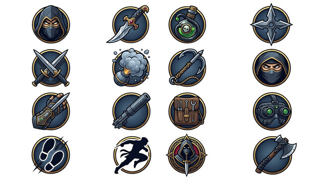 Vector RPG Game Icons Set featuring Assassin and Ninja Skills and Weapons