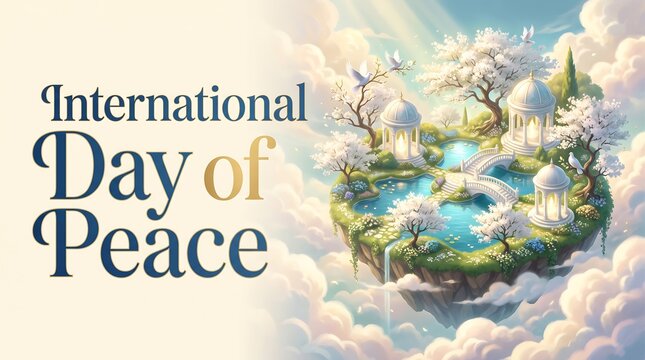 International Day of Peace Celebration Banner with Serene Floating Island, White Doves, Classical Gazebos, and Blooming Trees in a Dreamy Sky