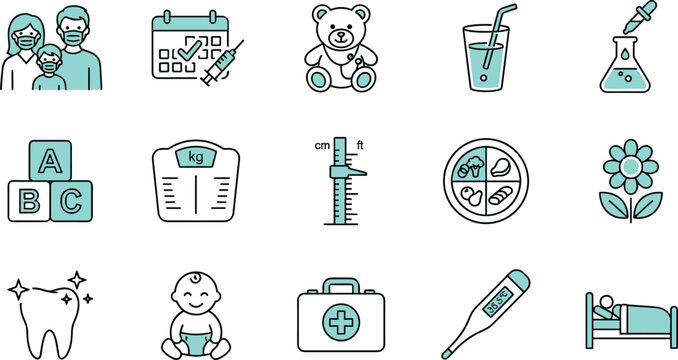 Pediatric medical care and child health developmental milestones thin line icon set featuring checkup vaccination toys and clinical tools