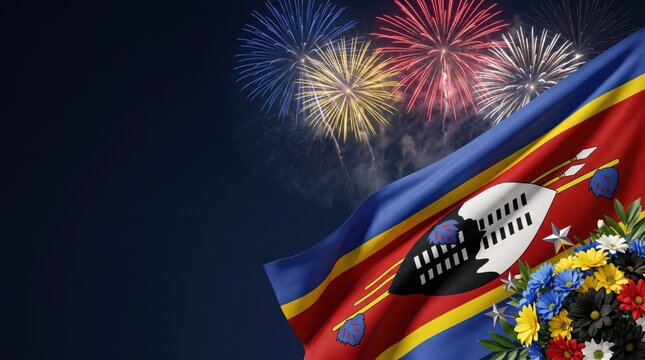Waving flag of eswatini with a central shield and spear emblem, set against a dark night sky illuminated by colorful exploding fireworks and a floral bouquet in the corner