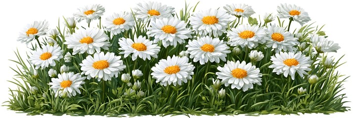 Fototapeta premium Field of daisies with white petals and yellow centers blooming in vibrant green grass