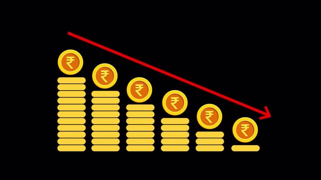 Rupee Value Decline Animation, Falling Indian Currency Value, Financial Decrease on Alpha Transparent Background