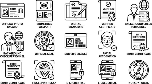Official identification document verification and personal identity security line icon set for biometric authorization background check notary public
