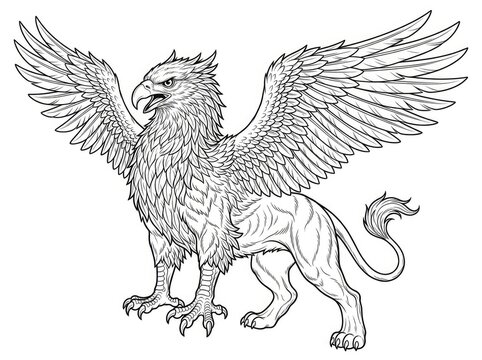 A majestic griffin spreads its powerful wings, showcasing its avian and leonine features. The creature stands proudly, with a fierce expression and sharp talons.