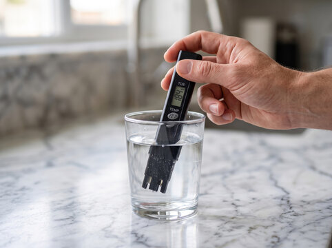 Hand inserting digital electronic TDS tester pen into glass of tap water
