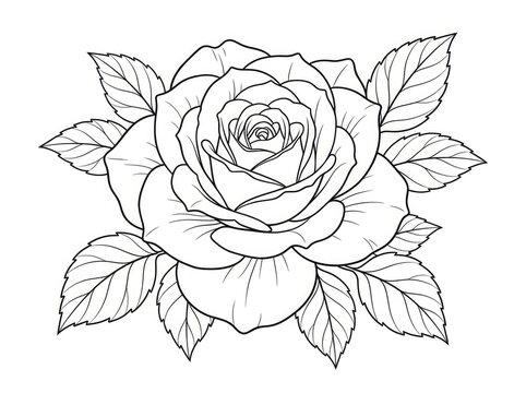 A detailed black and white line drawing of a rose. The rose is in full bloom with multiple layers of petals and leaves.