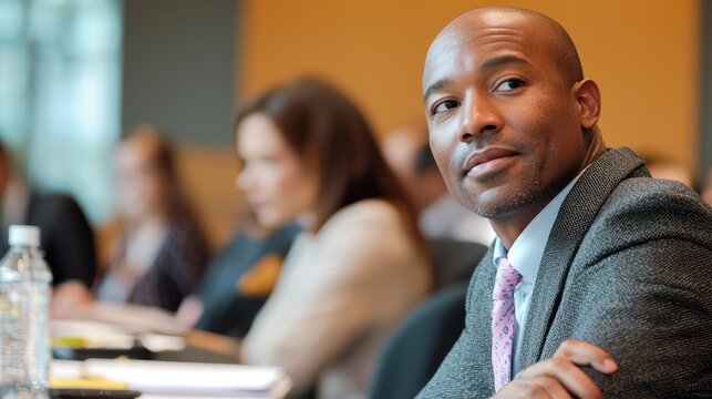 A Black man sits attentively in a conference room, leaning slightly forward with his arms crossed. He wears a gray suit with a pink patterned tie.