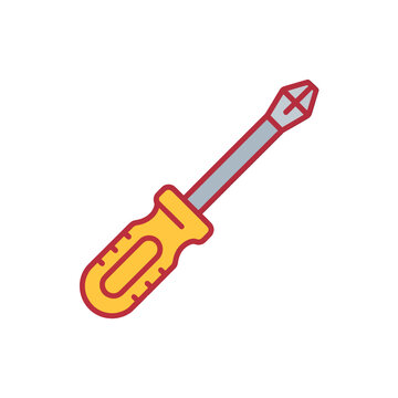 Vibrant flat vector illustration of yellow and red Phillips screwdriver with grey shaft isolated on clean white background, perfect for industrial design and craft blogs.
