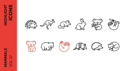 Naklejka premium Mammals outline icon set featuring wild animals like kangaroo koala sloth wombat armadillo porcupine hedgehog and mouse vectors