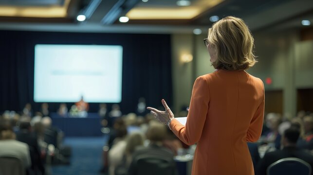 A woman stands at a podium in a conference hall, gesturing with her hands while speaking. She is presenting to an audience seated before a large screen displaying a white image.