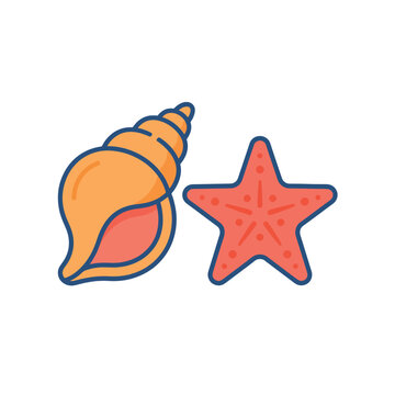 Vibrant colorful vector illustration of cute seashells and starfish in flat line art style, perfect for marine design projects, tropical summer vacation graphics, and.
