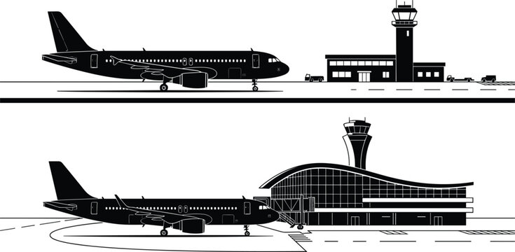 Airport terminal landscape silhouette set showing commercial passenger airplane parked on tarmac by control tower
