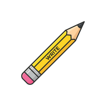 Vibrant yellow wooden writing pencil vector icon with pink eraser and sharp graphite tip isolated on white background, perfect for back to school and education design.