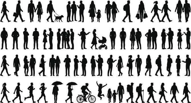 People silhouettes mega bundle featuring walking groups crowd talking families cyclist and urban pedestrian characters pack