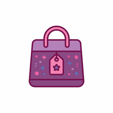 Charming purple handbag vector icon featuring bright pink handles, playful star decorations, and a cute price tag. Perfect for retail and fashion sales.