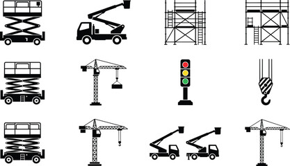 Construction equipment icon set featuring scissor lifts boom trucks cranes scaffolding towers and a traffic light © Bappi