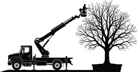 Arborist worker using boom lift cherry picker truck for trimming and pruning a bare tree silhouette © Bappi