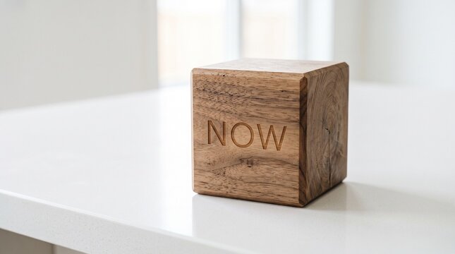 Minimalist wooden cube with NOW text, rustic timber block on white surface, motivational wood decor for office productivity