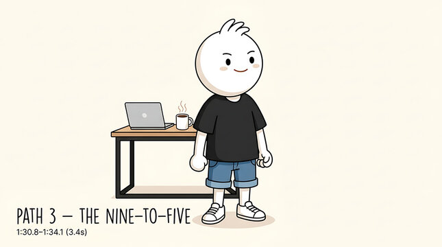 Cartoon character standing beside a desk with a laptop computer for remote work concept.