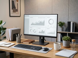 Fototapeta premium Computer monitor showing business charts on a desk