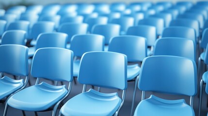 Fototapeta premium Many blue plastic chairs are arranged in rows. The chairs are positioned in a large event space.