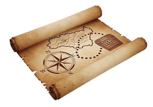 3D old treasure map scroll for pirate adventure and navigation