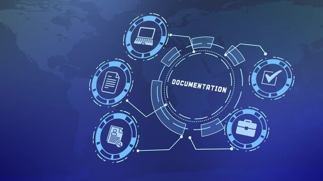 Business documentation concept showing digital HUD network for electronic document management.